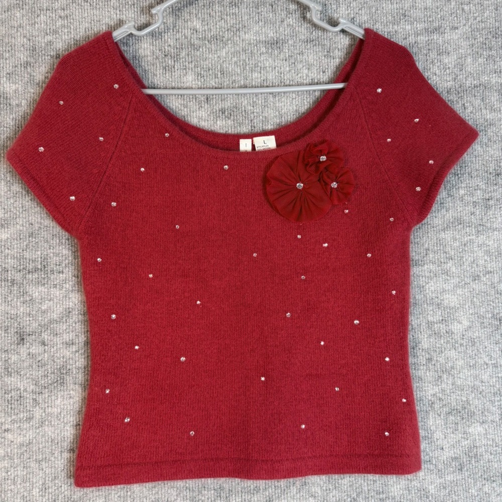 Twiggy Size-L Top Red Angora Blend Rhinestone Floral Rosette Short Sleeve Y2K
